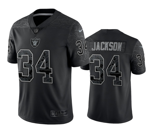 Men's Las Vegas Raiders #34 Bo Jackson Black Reflective Limited Stitched Football Jersey Men's Las Vegas Raiders #34 Bo Jackson Black Reflective Limited Stitched Football Jersey